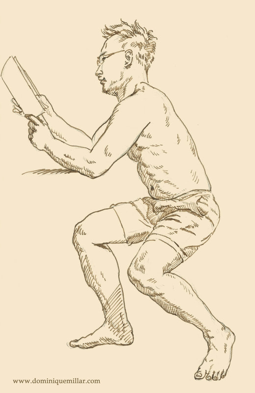 Dominique Millar, Seated Male Nude Reading, Pen and Ink