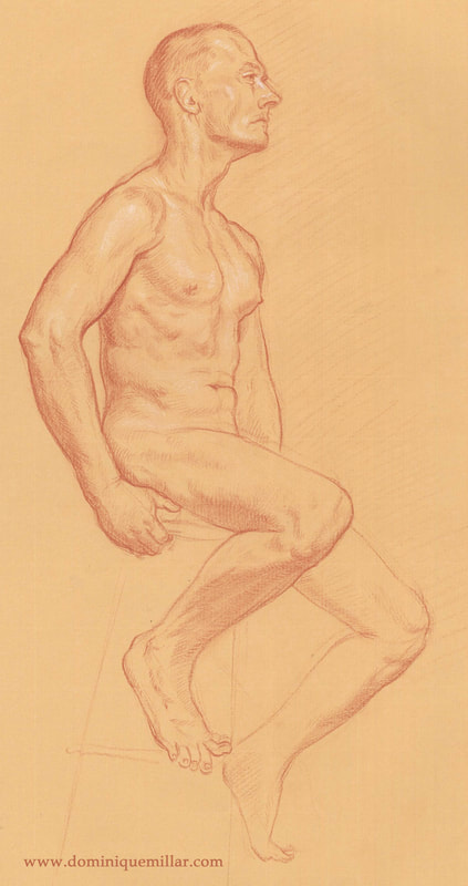 Dominique Millar_Red and White Chalk, Male Nude Seated