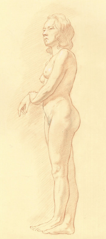 Dominique Millar_Standing Female Nude, Red, Black and White Chalk on Buff Paper