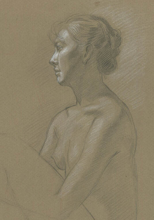 Dominique Millar, Seated Female Nude, Black and White Chalk on Buff Paper