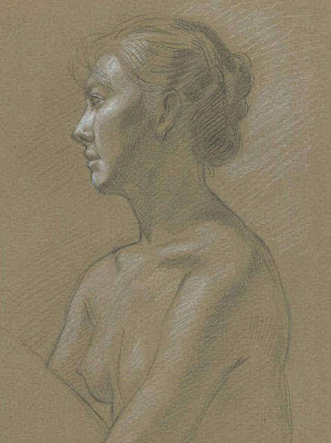 Dominique Millar, Black and White Chalk on Buff Paper, Female Nude