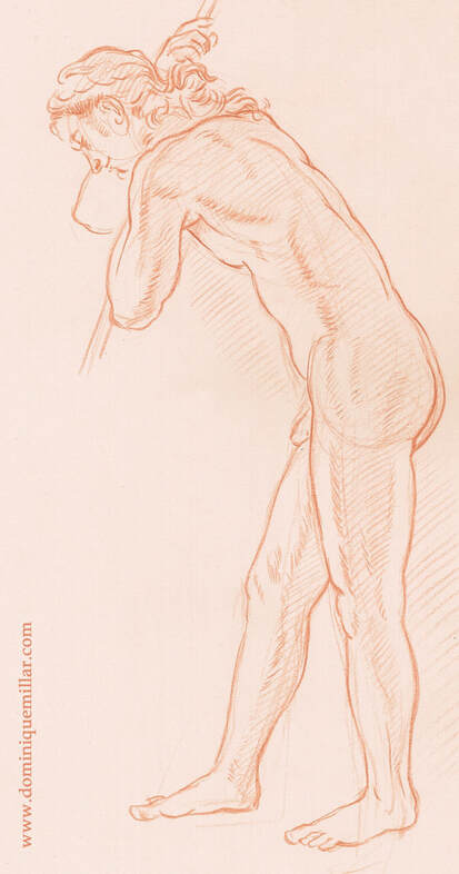 Dominique Millar, Life Drawing, Red Chalk, Male Nude Standing with Stick
