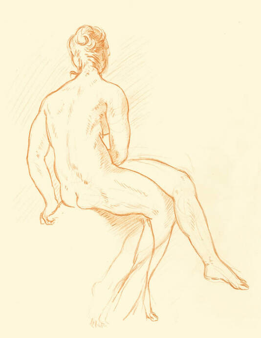 Dominique Millar, Seated Female Nude From the Back, Red Chalk on Paper